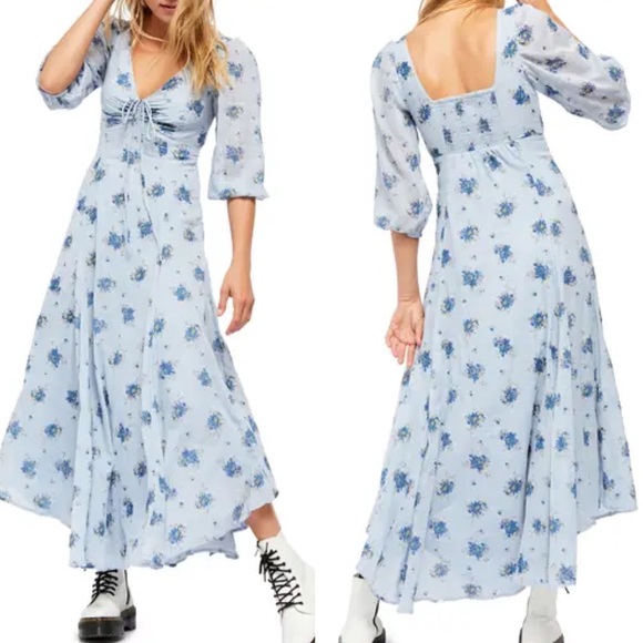 NWT Free People Blue Floral Sea Glass Midi Dress - Picture 2 of 16